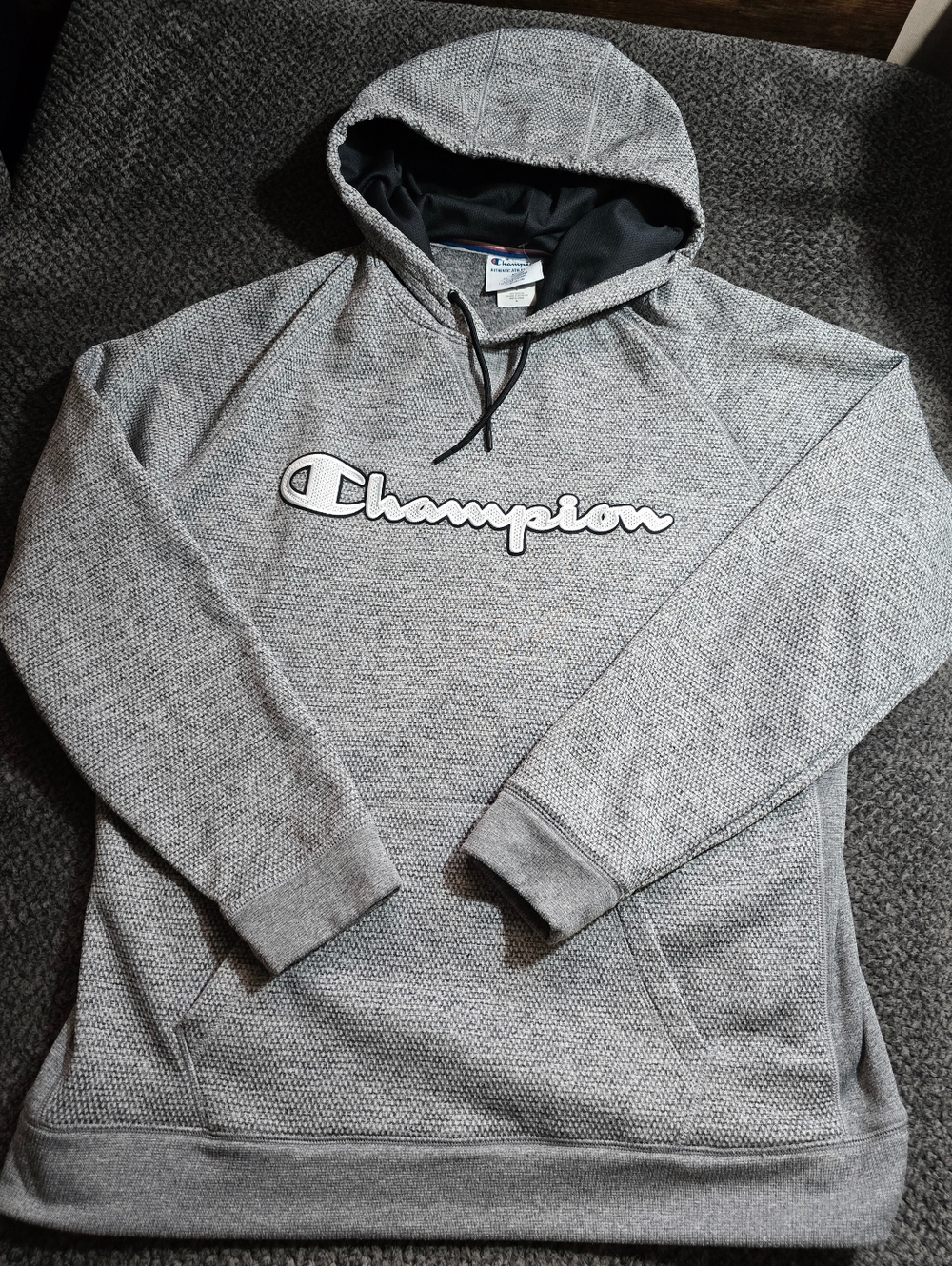 Champion Hoodie Gray Script Logo Men’s XL Textured Knit Pullover Sweatshirt